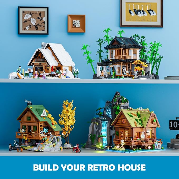 Waterfall-Cabin Lighting Building-Bricks Set - 2539 Pcs Retro Waterfall House Collection LED Light Set for Adults and Retro House Architecture Building Collectors