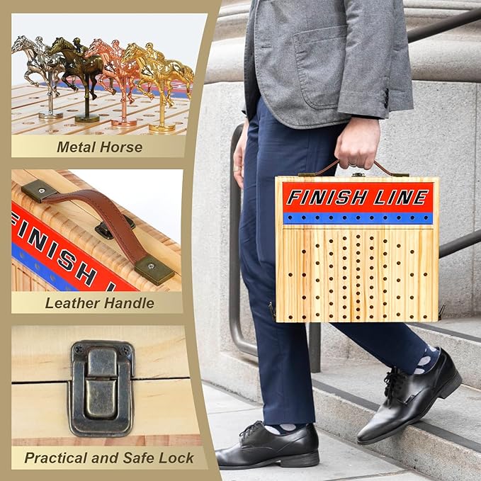 21 Inches Horse Racing Game Horse Race Board Games with 11 Luxury Metal HorsesThickened Wood ChessboardChipsCards and Dice Classic Wooden Table Top Board Games for Adults and Family