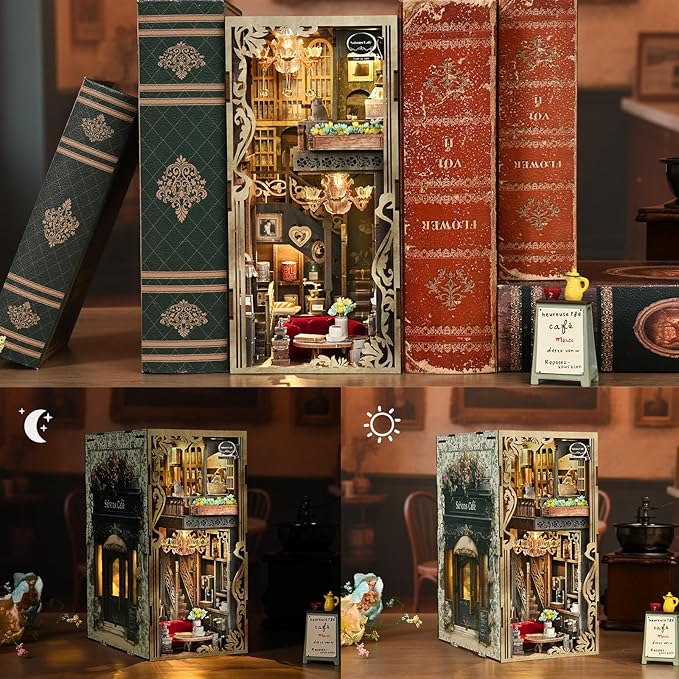 Book Nook Kits for Adults and Teens DIY Miniature Dollhouse Kit 3D Wooden Puzzle Booknook Bookend with LED Light Gifts for Family Friends (Saison Café)