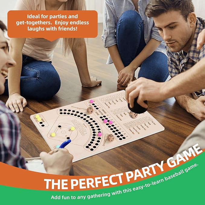 Baseball Board Game Wooden Baseball Dice Game with Marbles Baseball Travel Game and Indoor Table Game for Camping Family Gatherings Baseball Gift for Teens Adults (Natural Style)