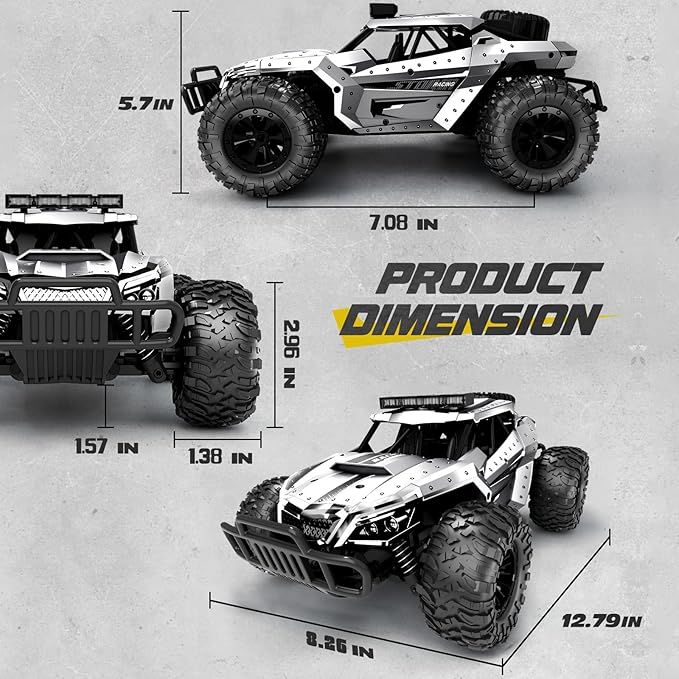 Tecnock RC Car 1/16 Scale Remote Control Car for Boys High Speed 20 Km/h All Terrains Rc Monster Truck with Two Rechargeable Batteries &amp Head Chassis Lights Gift Toy for Kids Adults Silver