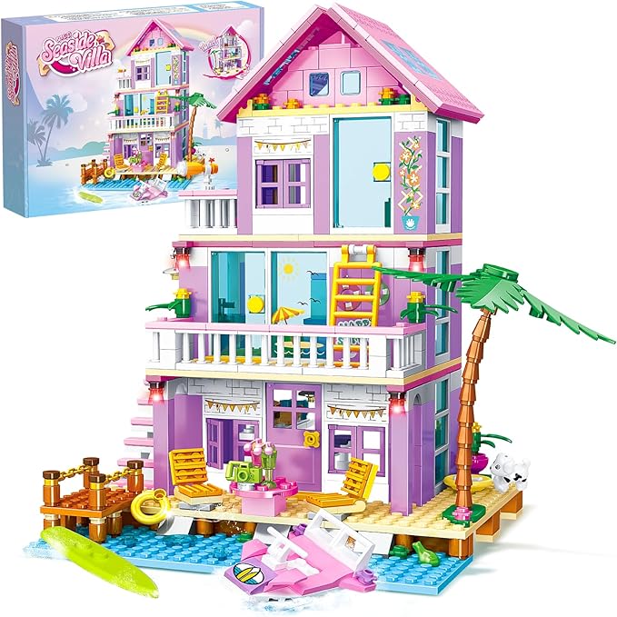 Beach House Building Sets Seaside Villa House Building Toys Compatible with Lego Friends Sets for Girls Age 8-12 Creative Holiday Cottage Building Kit Gift for Christmas Valentine's Day Party