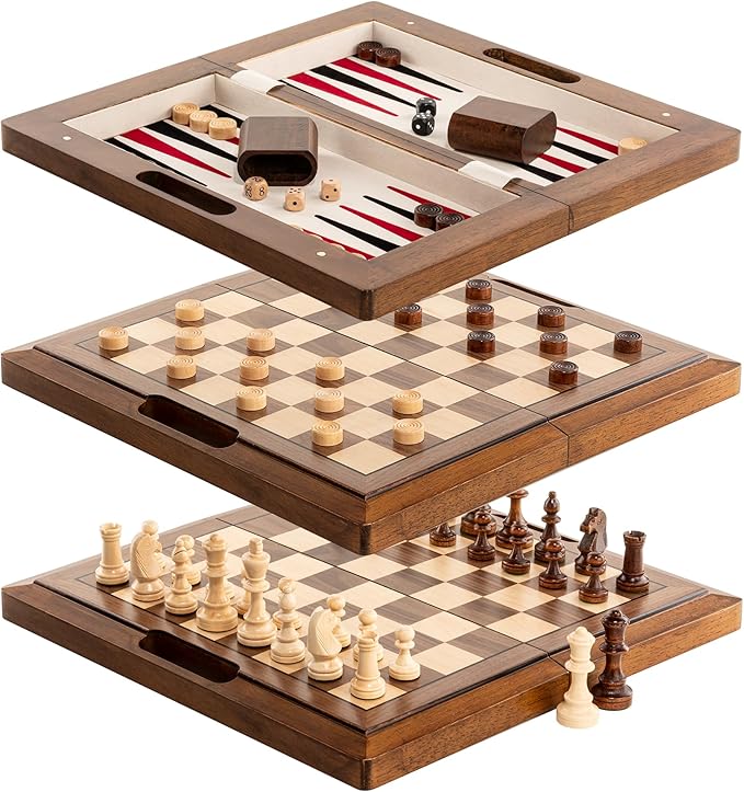15.5'' Deluxe Solid Wood 3-in-1 Chess Set: Portable Chess Backgammon and Checkers with Hollow Handle Box Folding Board for Travel Suitable for Adults