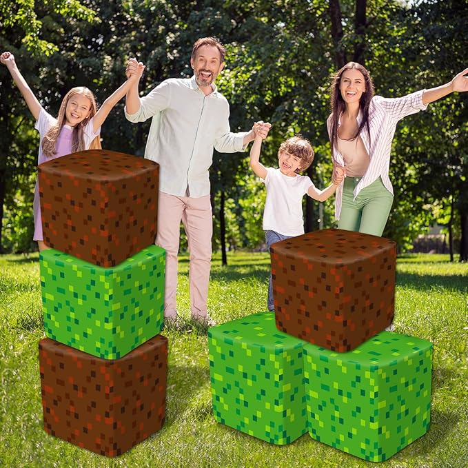 6Pcs Large Pixel Mining Party Inflatable Building Blocks Video Game Party Decorations Pixel Mining Theme Birthday Inflatable Blocks Video Gaming Centerpieces Boxes for Kid Teen Gift Favor Supplies