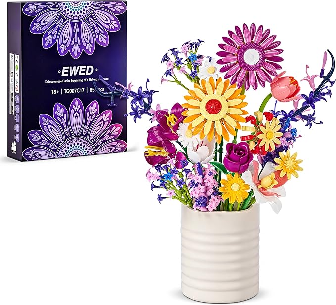 Flowers Bouquet Building Set Gift for Valentine's Day for Her Faker Flower Compatible with Lego Flowers Botanical Collection for Adults Women Girl Wife Home Office Shelf or Room Decor