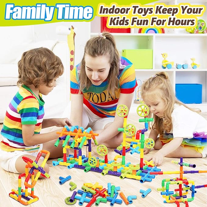 STEM Building Toys for Kids - 250 Pcs Tubular Pipe &amp Spout Interlocking Construction Set | Toddler Learning Toys Age 3-5 6-8 | DIY Tube Locks Blocks with Storage Box &amp Idea Book | Gift for Boy