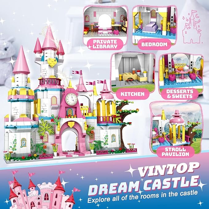 Castle STEM Building Toys for Girls Ages 6-12 Years Old 1000PCS Building Sets for Girls &amp Boys Pink Princess Castle Carriage Playset (Castle Building Blocks)