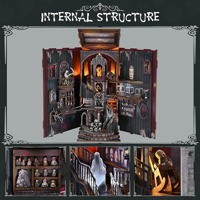 Book Nook Kit DIY Doll House Booknook Miniature Kit for Bookshelf Doll Houses for Adults Teen Halloween 3D Wooden Puzzle Bookends with Led Light and Dust Cover (Haunting Relics)