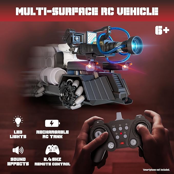 Force1 Officially Licensed Skibidi Toilet Toy Cameraman Figure PDLT Tank RC Truck- Parasite Disabler Tank Remote Control Car Rechargeable RC Car with LED Lights 2.4 GHz Mist Spray Beginner RC Cars