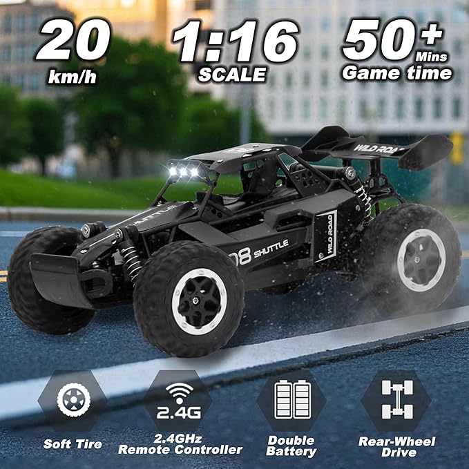 Remote Control Car RC Cars 1:16 All Terrain Monster Truck LED Headlights Outdoor 2WD Off Road Hobby RC 2.4GHz High Speed 20Km/h RC Car Toys Gift for Kids Boys 3 4 5-12 (Black)