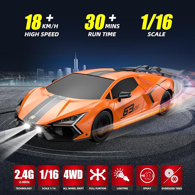 RC Drift Car 2.4GHz Drifting RC Cars 1/24 4WD Drift Car Fast Remote Control Vehicle with LED Lights Rechargeable Battery and Drifting Tires Racing Sport Toy Cars for Adults Boys Girls Kids