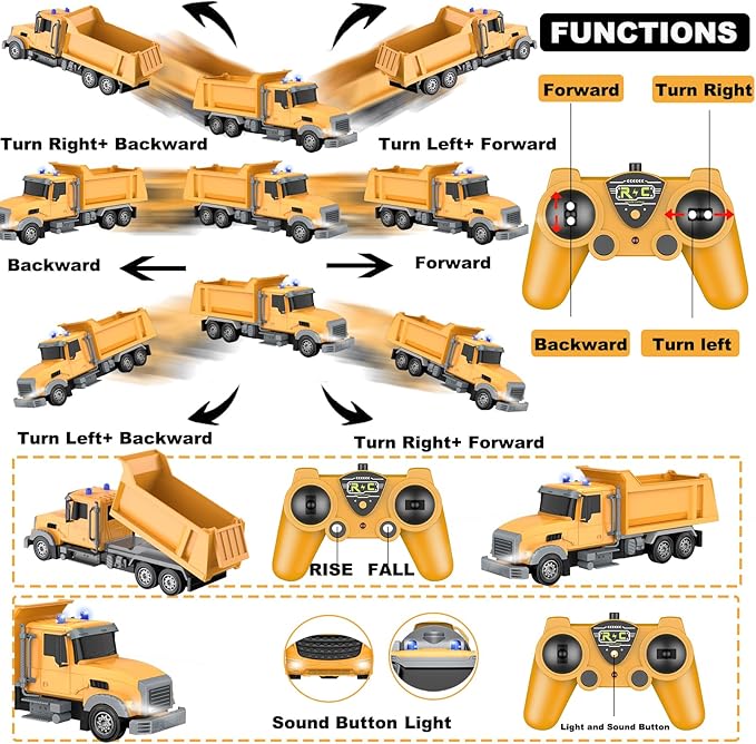 Remote Control Construction Dump Truck Toy RC Vehicle6 Channel Trucks Toys with 2 Rechargeable Batteries1/24 Scale Dump TrucksBirthday Gifts Ideas for Boys Age 3-8 Year Old