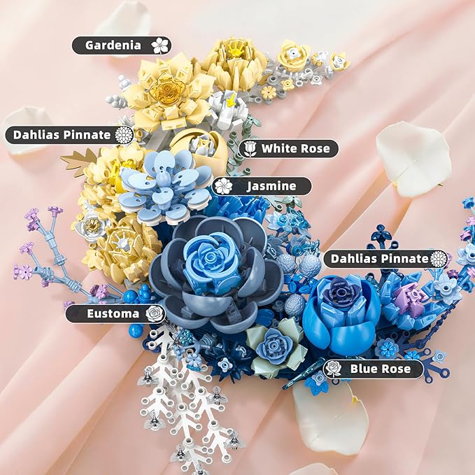 Blue Moon Flower Building Set Botanical Collection Kit for Adults Women Girls 14+ Crescent Moon Floral Wall Art Display for Home Office Table Decor Christmas/Valentines for Her