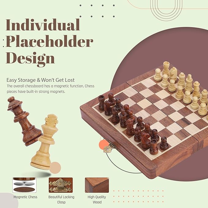 Ajuny Magnetic Travel Chess Set - Handcrafted Acacia Wood Foldable Board with Elegant Storage for All Ages