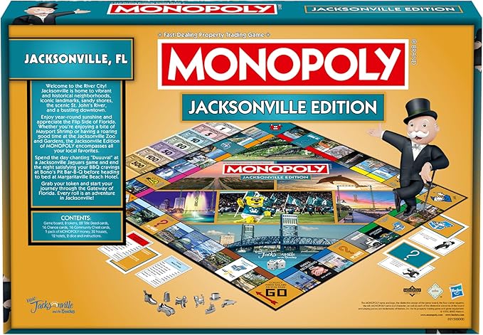 Monopoly Board Game – Jacksonville FL Edition: 2-6 Players Family Board Games for Kids and Adults Board Games for Kids 8 and Up Ideal for Game Night