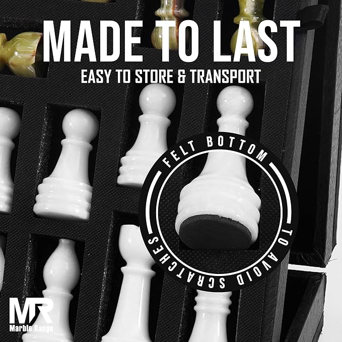 Marble Chess Set for Adults 15 Handmade White &amp Green Onyx Board Game with 32 Chess Pieces 2 Extra Queens &amp Storage Box Luxury Travel Game – Elegant Home Décor