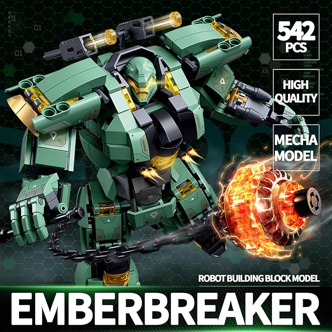 Green Heavy Mecha Building Set 542 Pieces Armored Robot Action Figure with Meteor Hammer Weapon Articulated Military Warrior Model Kit Sci-Fi Collectible Gift for Adults Teens