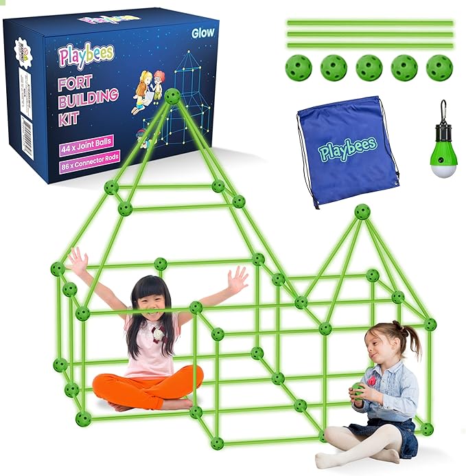 Playbees Glow in The Dark Fort Building Kit – 130 PCS STEM Toy for Kids Ages 4–12 – Build Tents Castles &amp Rockets – Creative Building Set &amp Great Gift