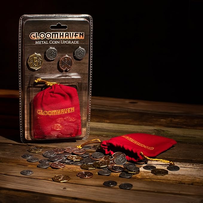 Cephalofair Games: Gloomhaven: Metal Coin Upgrade - 60 Coins &amp Drawstring Bag Board Game Accessory Metal Currency Detailed Art