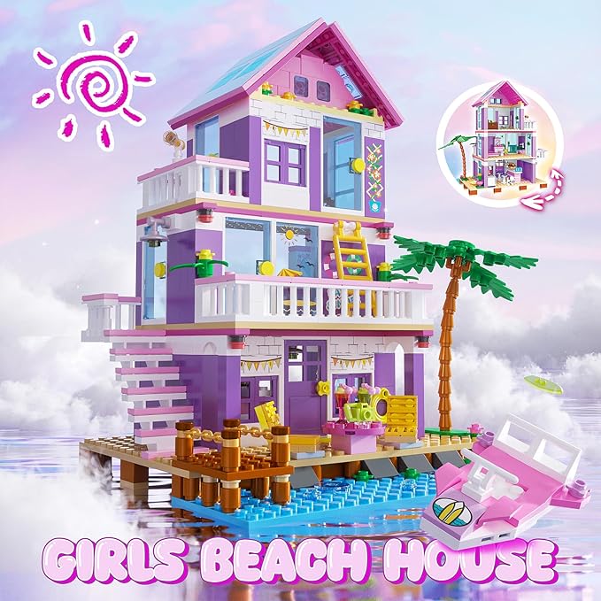 Beach House Building Sets Seaside Villa House Building Toys Compatible with Lego Friends Sets for Girls Age 8-12 Creative Holiday Cottage Building Kit Gift for Christmas Valentine's Day Party
