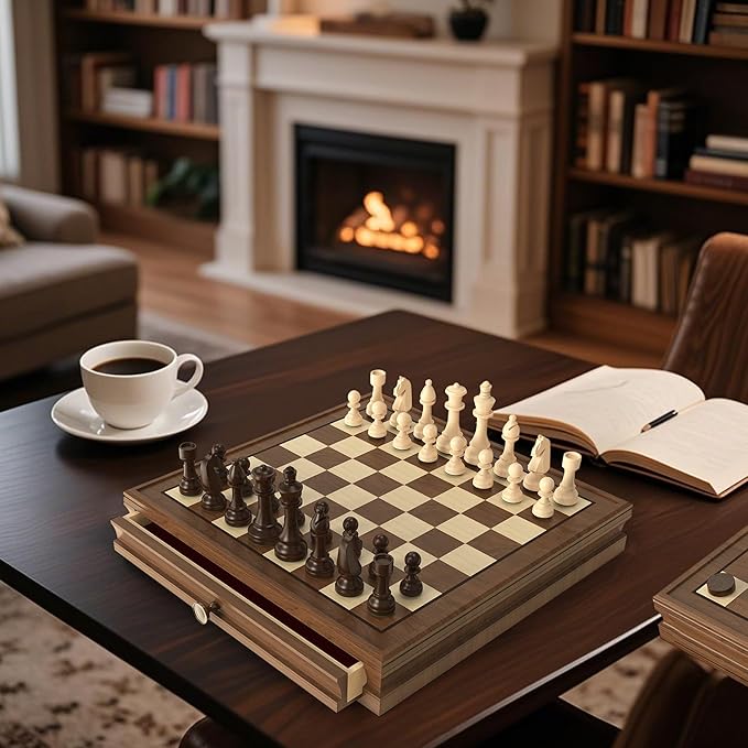 Premium Natural Walnut 13 x 13 Magnetic Wooden Chess Set with 1 Built-in Storage Drawers - 2 Bonus Extra Queens - 24 Checkers Pieces - Staunton Chess Pieces Board Games Chess Sets