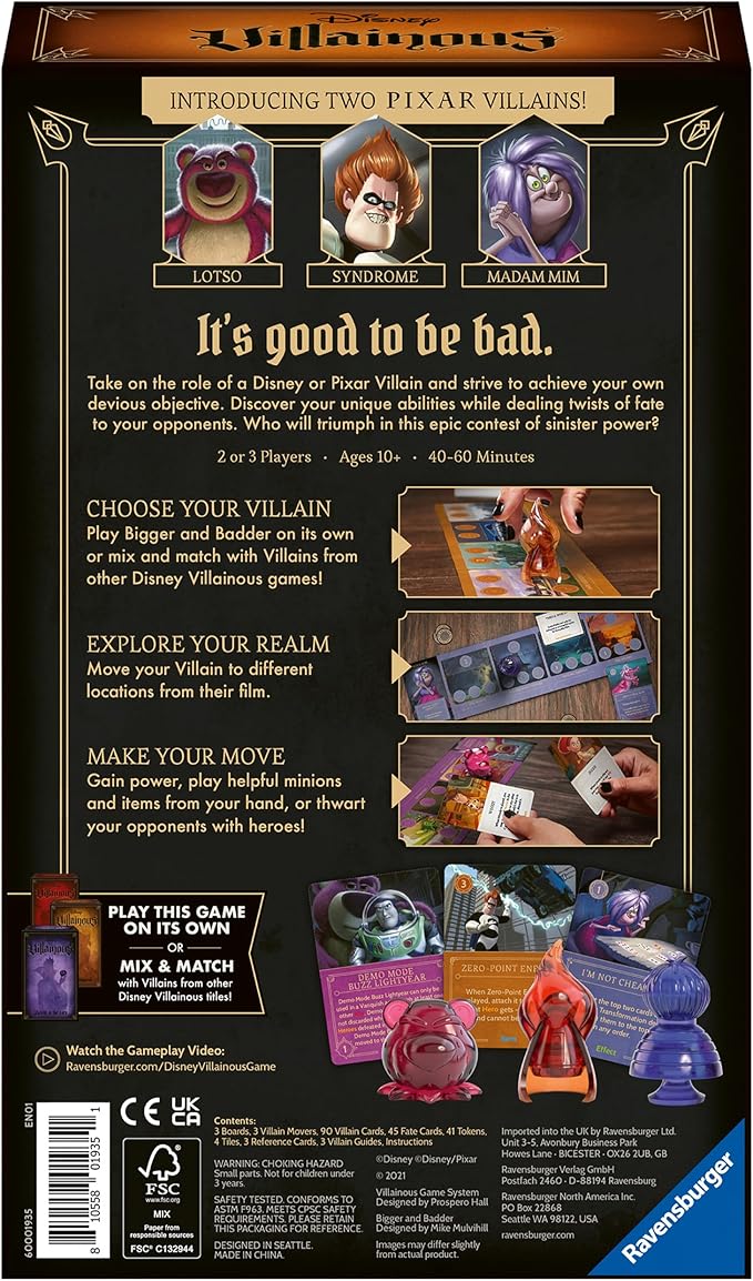Ravensburger Disney Villainous - Bigger and Badder Strategy Board Game - New Pixar Villains - Play as Syndrome Lotso or Madam Mim - Standalone or Expand with Other Villainous Games - Ages 10+