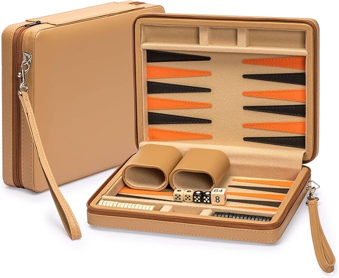 Yellow Mountain Imports Travel Magnetic Leatherette Backgammon Mini Game Set Bozcaada - with Magnetic Checkers 9-inch Board