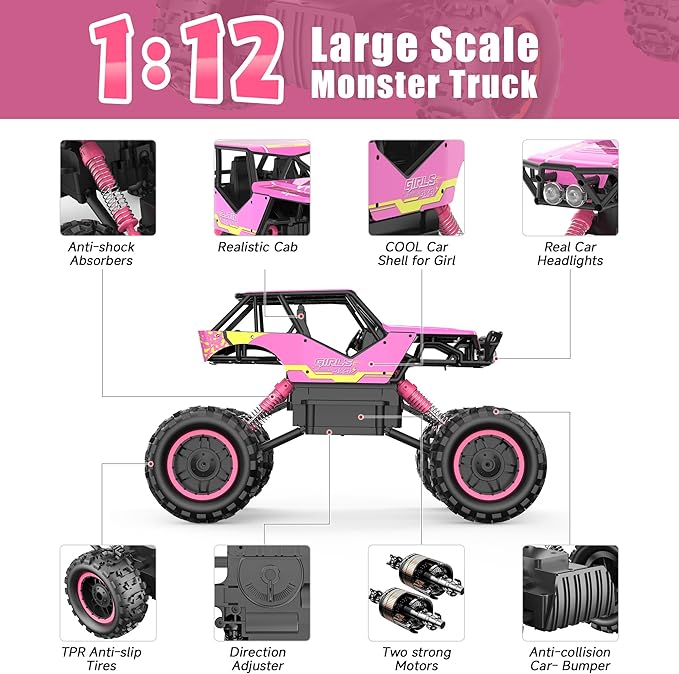 DOUBLE E 1:12 RC Monster Truck - 4WD Off-Road Remote Control Car with Dual Motors and Headlights
