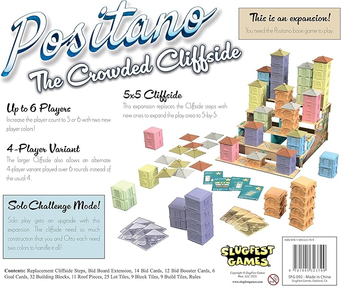 SlugFest Games: Positano: The Crowded Cliffside - Expansion Board Game Variant Modes 3D Building Bidding Italian Seaside Ages 13+ 1-6 Players
