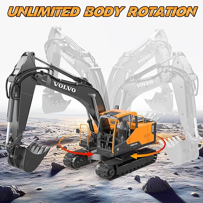 DOUBLE E Volvo 1:16 Scale RC Excavator 3-in-1 Construction Toys with 360° Rotation Metal Shovel Drill &amp Grabber – Professional Grade Remote Control Engineering Vehicle
