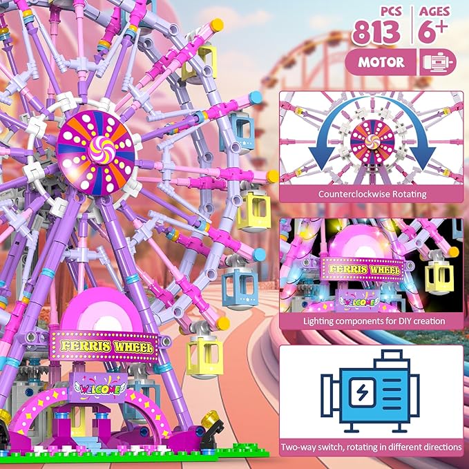 Ferris Wheel Building Set with Fairy Lights Two-Way RotationSTEM Learning Toy for Ages 8-12Amusement Park Construction Kit for Boys Girls 8 9 10 11 12 13 14 and Adults813Piece