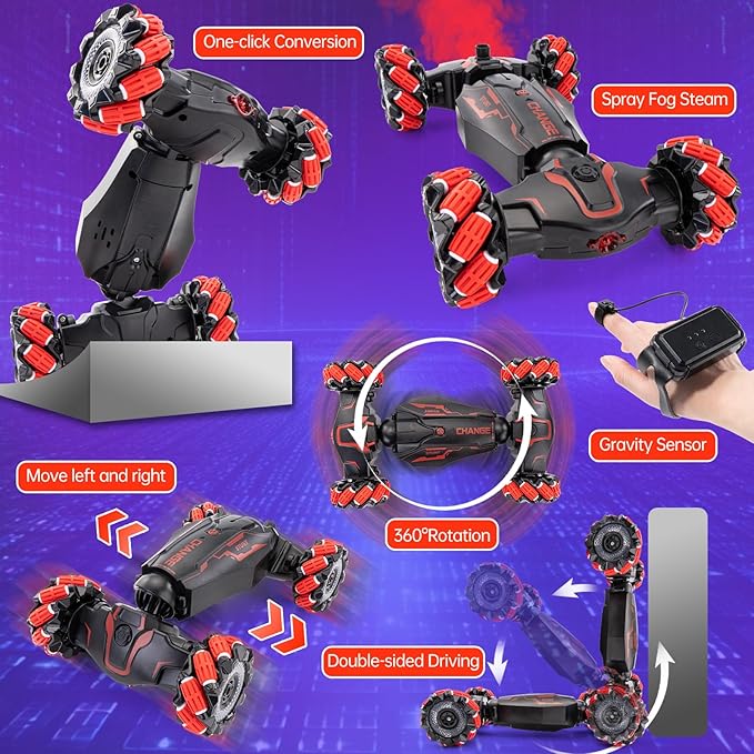 Gesture Sensing RC Stunt Car 2.4 GHz 4WD Remote Control Car 360° Rotate Transform Off-Road Drift RC Cars with Cool Lights Music Ideal Presents for Boys Girls for Birthday (Red)