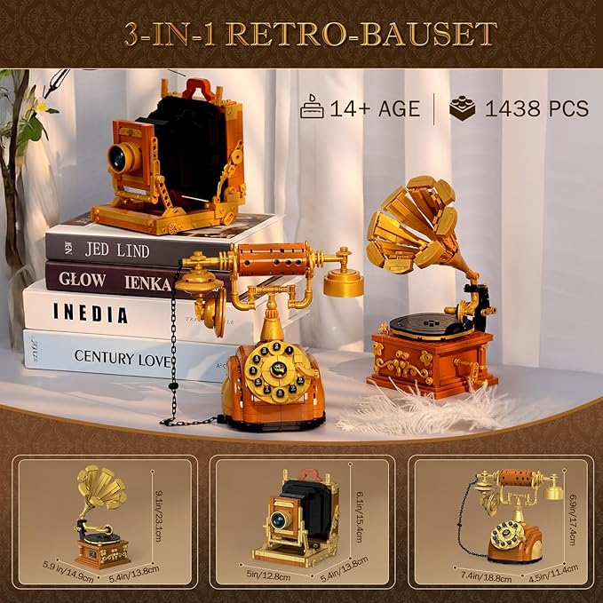 3 in 1 Building Block Sets Retro Camera Telephone Record Player Building Toys 1438 Pcs Vintage Collectible Model Kit for Home Office Decor Nostalgic 80s Gift for Adults &amp Teens 14+