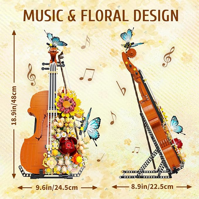 Flower Violin Building Blocks Set 1167PCS Music Instrument Toy with Stand Butterfly &amp Floral Details Creative Botanical Model for Adults Girls Home Office Decor Compatible with Lego Sets City Frie
