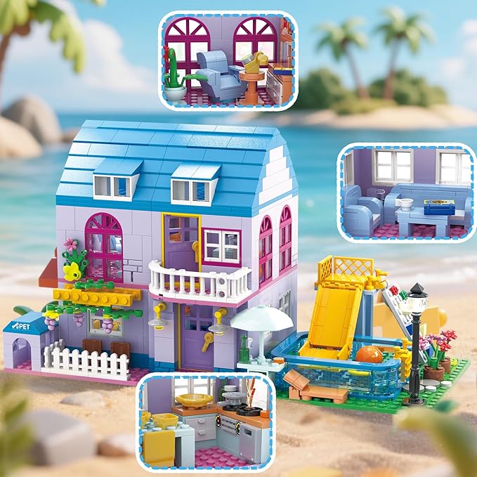 3 in 1 Girls Summer Villa Friends Building Set Compatible with Lego Friends with Swimming Pool Slide &amp Pet Home- Creative Modular House Playset for Kids Aged 6+