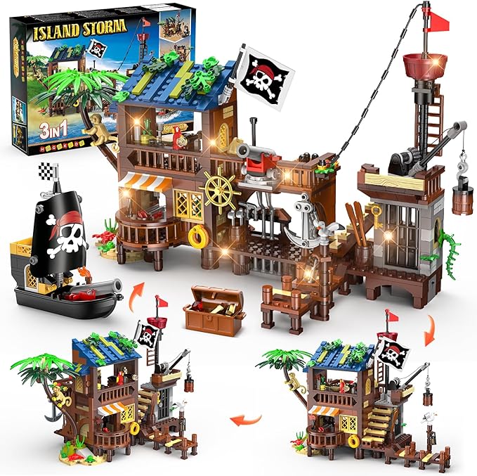 HOGOKIDS Pirate Ship House Building Set with LED Light - 3 Style Modes Pirate Wharf Supply Center Building Block Set 781PCS STEM Bricks Kit for Kids Girls Boys Ages 6-12+ Valentines Gifts