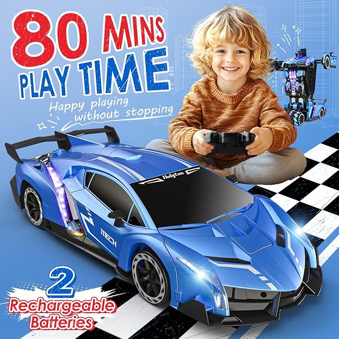Holyton Big 1:10 Scale Transform RC Car &amp Robot – One-Button Transformation Gesture Sensing LED Lights Music &amp Fog Spray 2 Batteries 80 Mins Play Birthday Gift for Boys Girls Ages 3-12