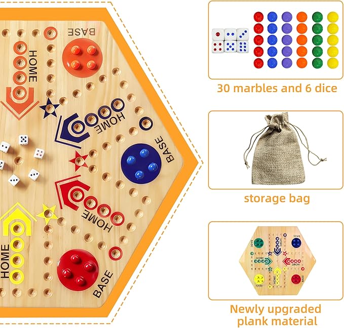 Wooden Board Game Original Marble Game Double Sided Painted 2 to 6 Player Fast Track Board Game Wooden with 6 Colors 24 Marbles 6 Dice for Adults Kids Family(20 INCH)