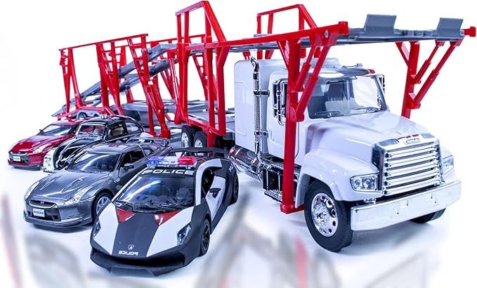 Shop72 Freightliner 114SD Auto Transporter Diecast Truck with 4 Assorted Cars Long Hauler Truck 1:32 Scale Semi Truck Toy with Trailer Gift for Truckers and Collectors