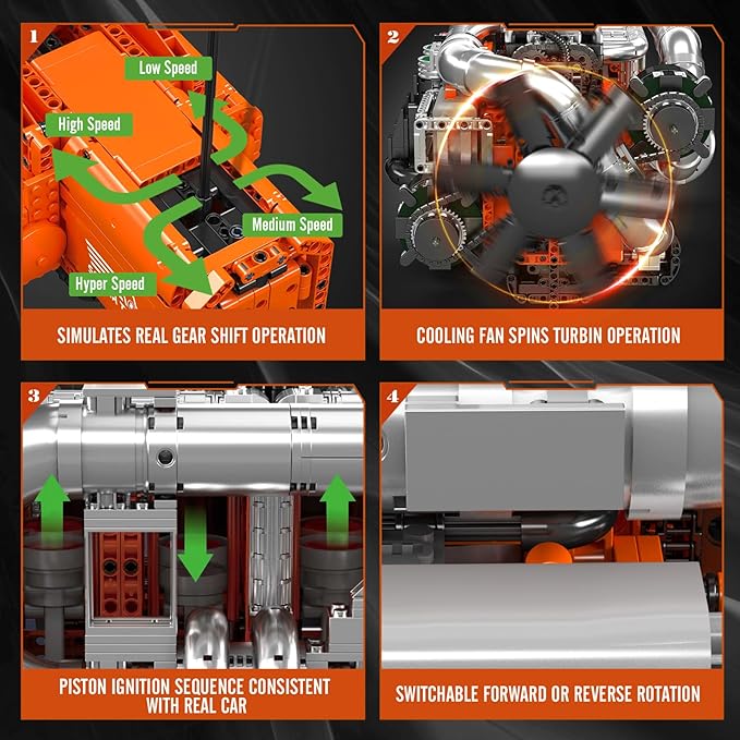 Mould King 10200 V8 Engine Model Kit for Truck MOC Engine Model Kit with Transmisslon Engineering Model Building Kit with Battery 3236 PCS