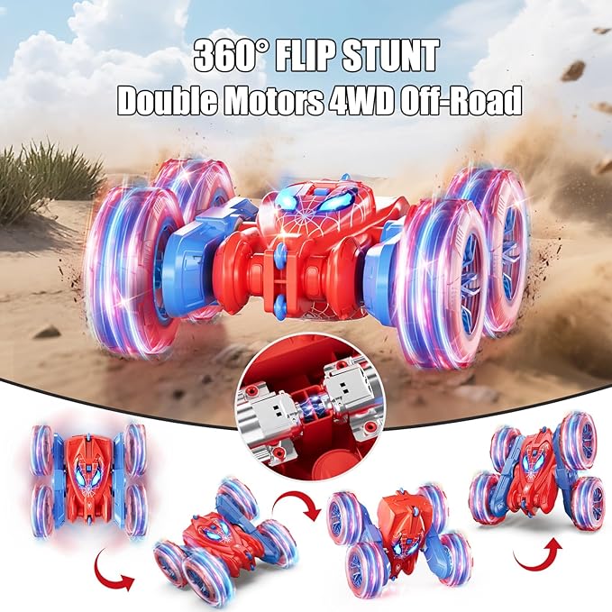 Spider Remote Control Car 360° Stunt RC Cars for Kids Ages 6-12 Double-Sided Rotation 4WD Cool Wheel Lights&amp2.4GHz Control Rechargeable Electric Race Car Toys Gift for Boys Girls (Red&ampBlue