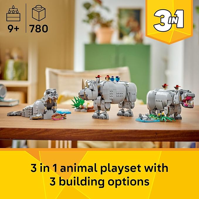 LEGO Creator 3 in 1 Wild Animals: Majestic Rhino - Building Toy for Boys &amp Girls Ages 9+ - Gift for Easter Baskets - Kids Bedroom and Desk Decor - Build Rhino Hippo or Walrus - 31171