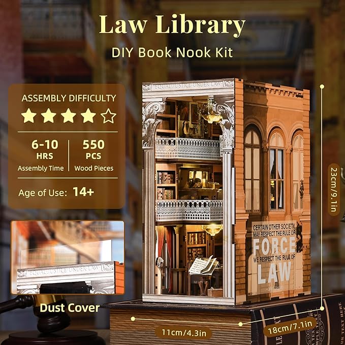 DIY Book Nook Kit for Adults 3D Wooden Puzzle Bookend Bookshelf Insert Decor with LED Light and Dust Cover (Law Library)