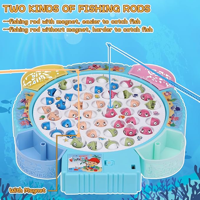 Magnetic Fishing Game Toys Rotating Board Game with Music Including 45 Fishes and 8 Fishing Poles Christmas Party Game Toys for Kids Age 3 4 5 6 7 and Up