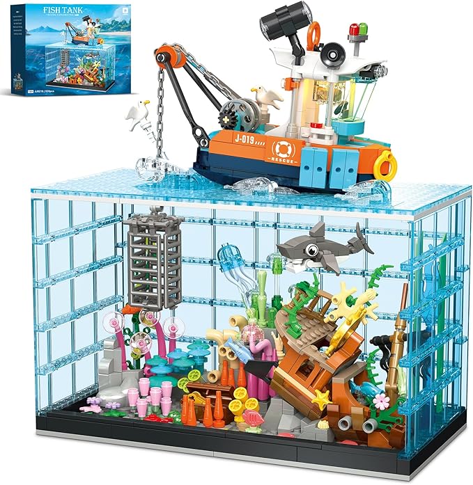 Fish Tank Building Blocks Set - 830PCS Ocean Treasure Hunt Building Set with Adventure Boat Shark Jellyfish &amp Coral Reef STEM Toys Birthday Christmas Building Blocks Gift Idea