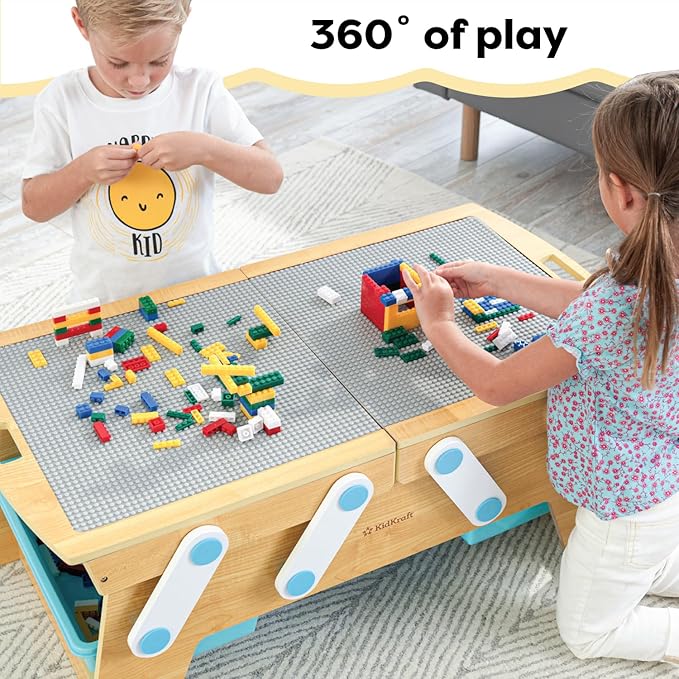 KidKraft Building Bricks Play N Store Wooden Table Children's Toy Storage with Bins 200+ Building Blocks Included Natural Gift for Ages 3+