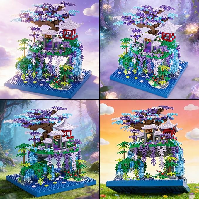 Beego Peach Blossom Pond Architecture Tree House Micro Building Kit Set Japanese Cherry Blossom Architecture Building Blocks Sakura Tree House Valentines Gift for Lover Adults(1746PCS)