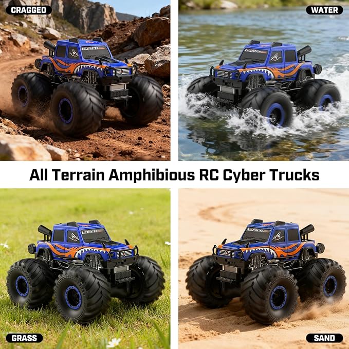 WayEee Remote Control Car Toys for Kids 6+ RC Car Waterproof Monster Truck Toys Amphibious 4X4 Pickup All Terrain Off-Road Vehicles 2.4GHz Remote Control 1/18 Scale RC Truck Boys Gifts/Blue