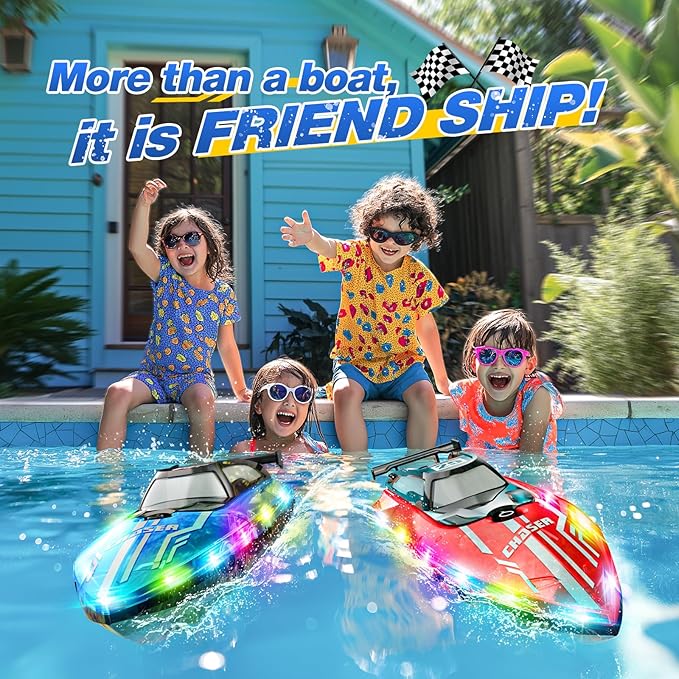 RC Boat for Kids with LED Lights 2.4Ghz Remote Control Racing Boats for Ages 8-12Toy Water Boat for Pools &amp Lakes with WaterproofRechargeable Battery for Boys Girls Blue