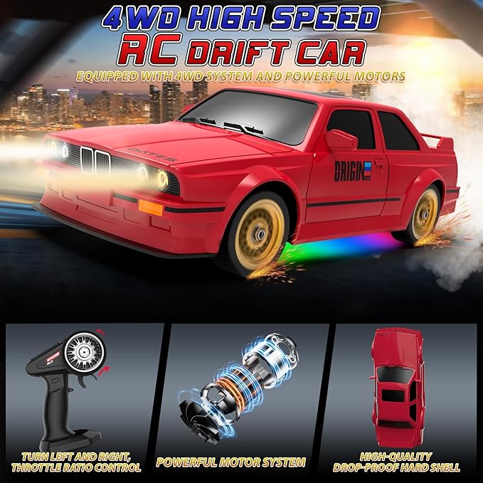 Remote Control Cars 1:16 Scale RC Drift Car 2.4Ghz 30KM/H High Speed 4WD RTR Racing Car with Drift Tires LED Lights 2PCS Rechargeable Batteries RC Sport Cars Toys for Adults Boys Girls Kids Gift